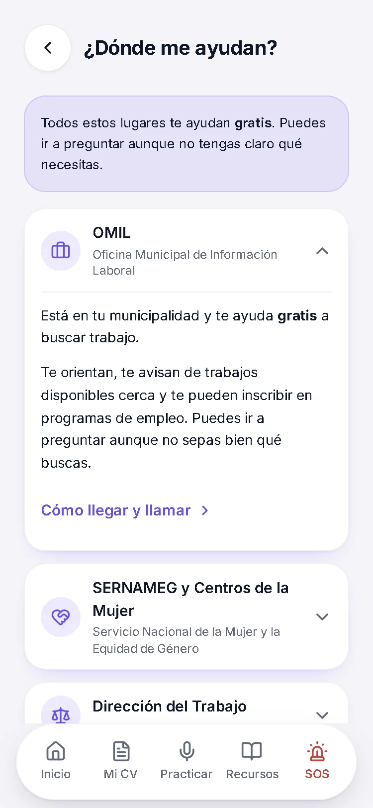 «¿Dónde me ayudan?»: la OMIL abierta, con qué hace y el enlace «Cómo llegar y llamar», y debajo SERNAMEG y Centros de la Mujer y la Dirección del Trabajo.