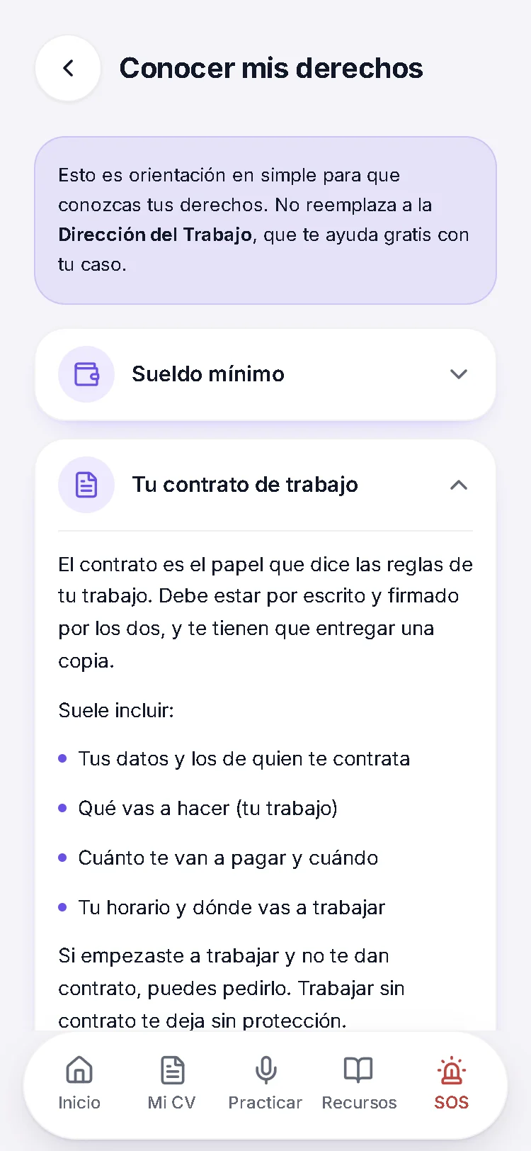 Derechos laborales en simple: un aviso de que es orientación y no reemplaza a la Dirección del Trabajo, y el tema «Tu contrato de trabajo» abierto, con lo que debe incluir un contrato.