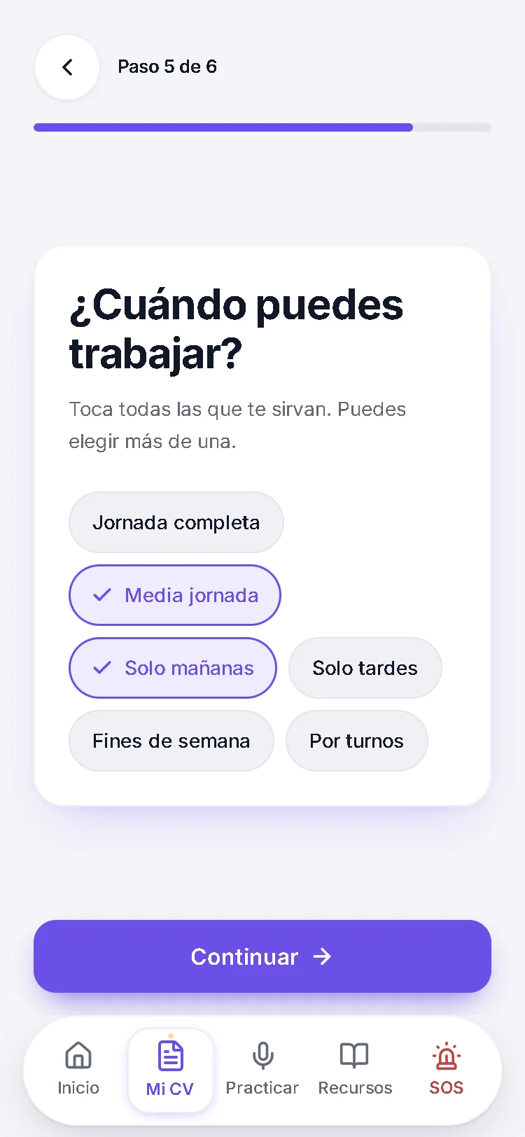Paso del CV «¿Cuándo puedes trabajar?», con «Media jornada» y «Solo mañanas» marcadas.