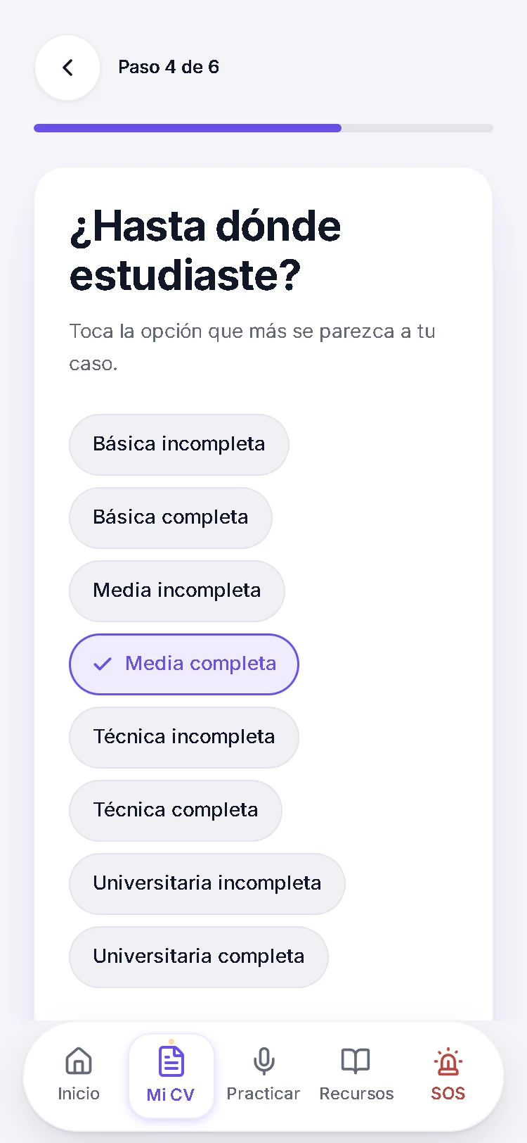 Paso del CV «¿Hasta dónde estudiaste?»: los niveles como opciones para tocar, con «Media completa» marcada.