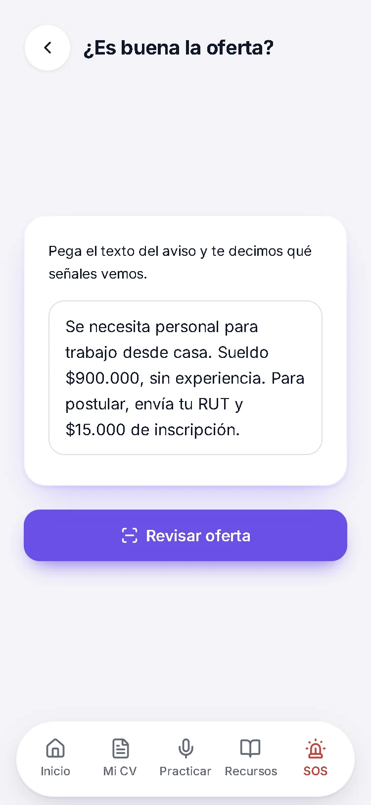 «¿Es buena la oferta?»: un aviso pegado en la caja —trabajo desde casa, $900.000 sin experiencia y $15.000 de inscripción— y el botón «Revisar oferta».