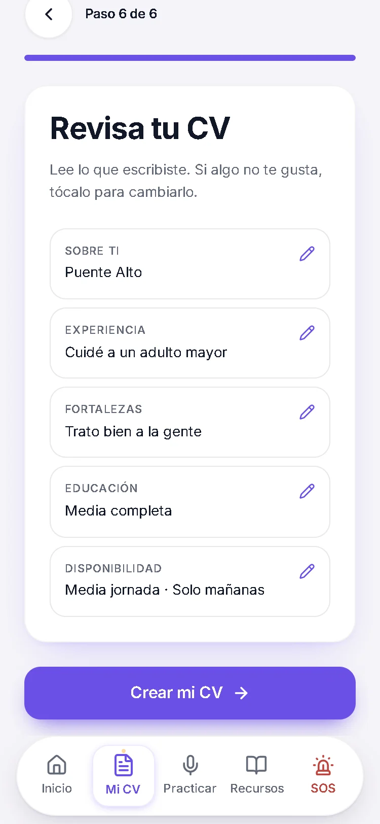 Revisión final del CV: comuna, experiencia, fortalezas, educación y disponibilidad, cada una con un lápiz para cambiarla, y el botón «Crear mi CV».